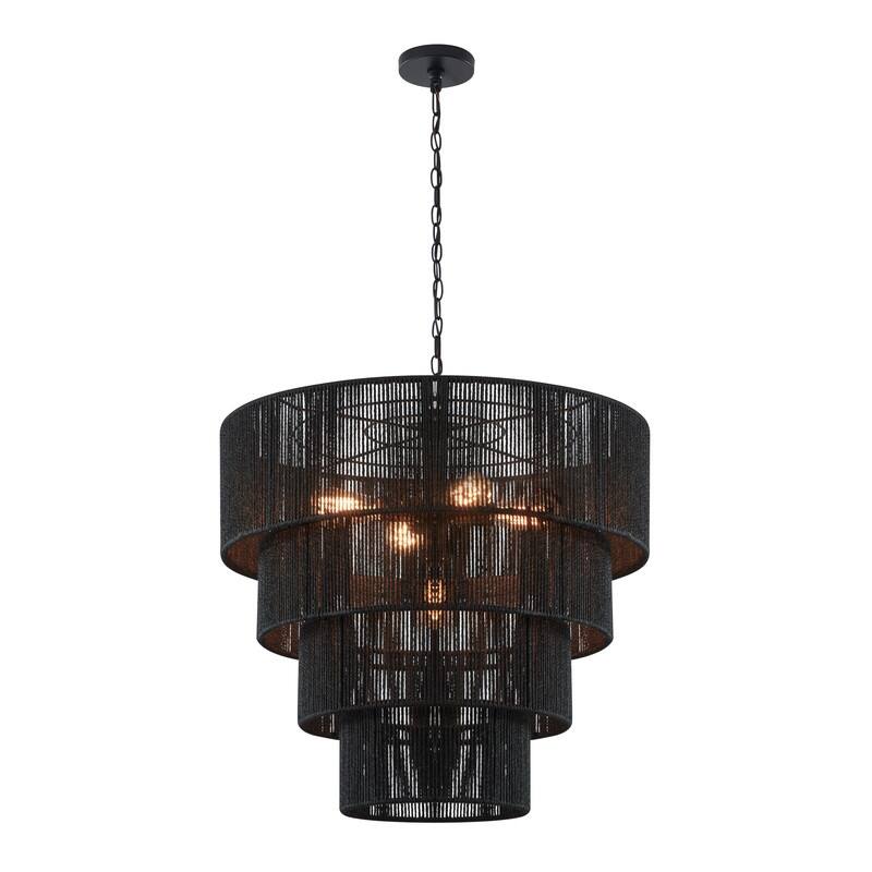 KAWOTI 5-Light 4-Tiered Pendant Light with Rattan Shade - Black