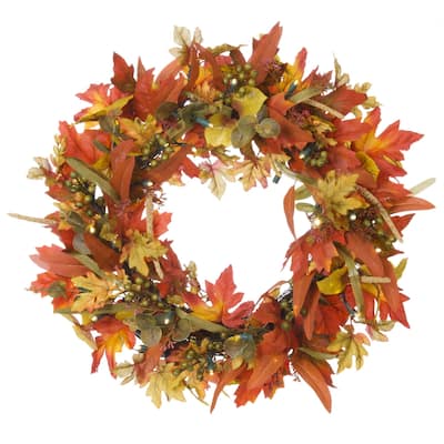 24 in. Holiday Wreath with Lights - Fall Harvest Leaf - 30 Inch