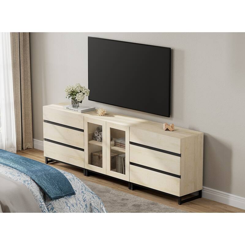 3 In 1 TV Stand for Tvs Up to 100 Inch, Modern TV Console with Glass Doors and 6 Drawers, Entertainment Center for Living Room