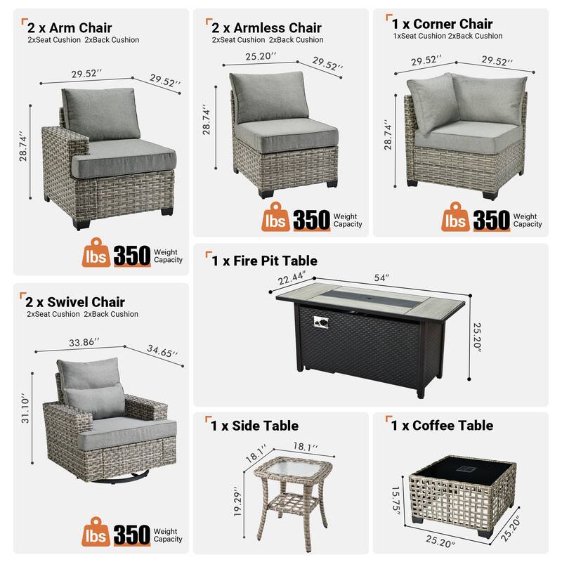 OVIOS 10 Pieces T shaped Seat Wide Armrest Swivel Chair Set With Solar-Powered Table&Fire Pit