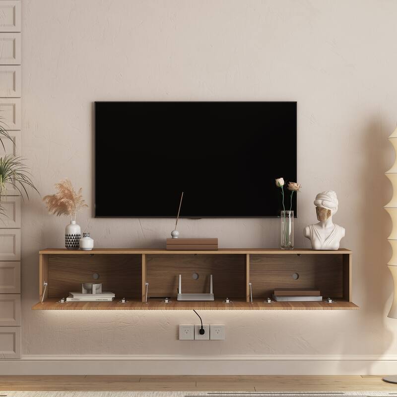Floating TV Stand, Wall Mounted Shelf, Modern Floating Entertainment Center with Flip-Down Doors, Fits TV 50-65 inch Cabinet