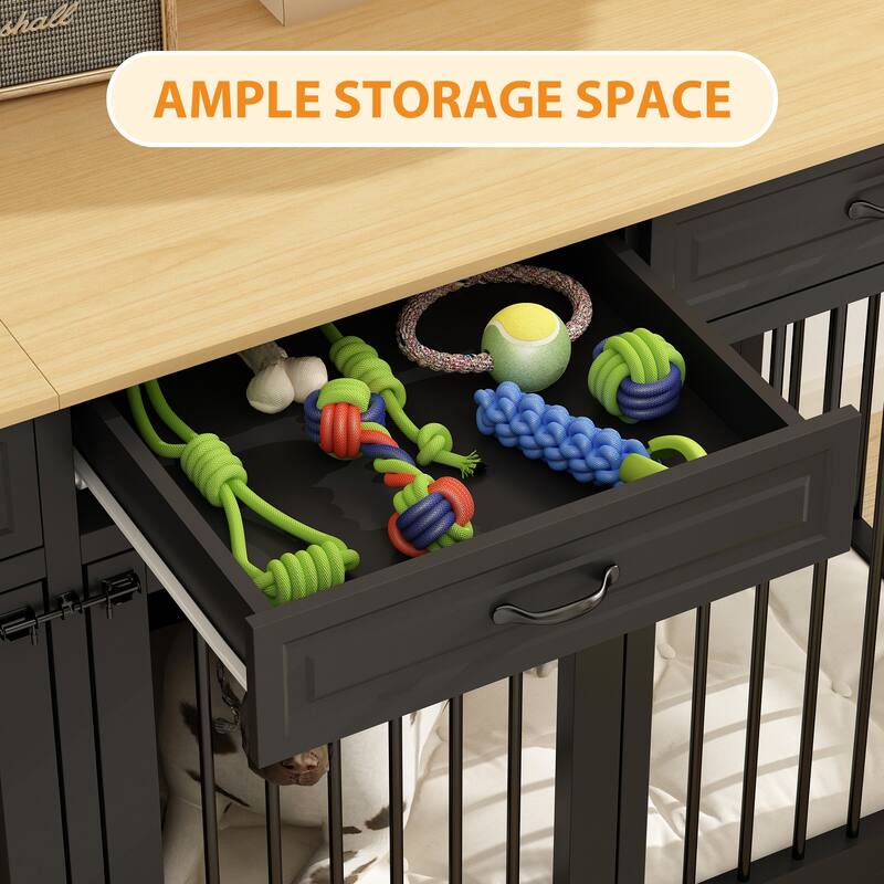 Wooden Dog Crate Kennel Furniture for 2 Dogs with Divider & Drawers