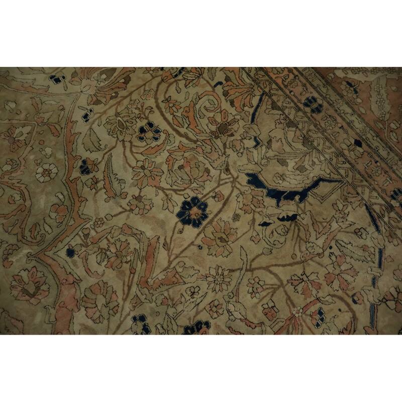 Hand Knotted Oriental 100% Wool Carpet Traditional Floral Beige & Ivories Kashan (Mohtasham) Area Rug - 16' 7'' X 12' 0''