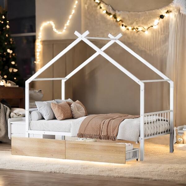 slide 2 of 14, Metal Twin Size House Bed with Two Drawers White