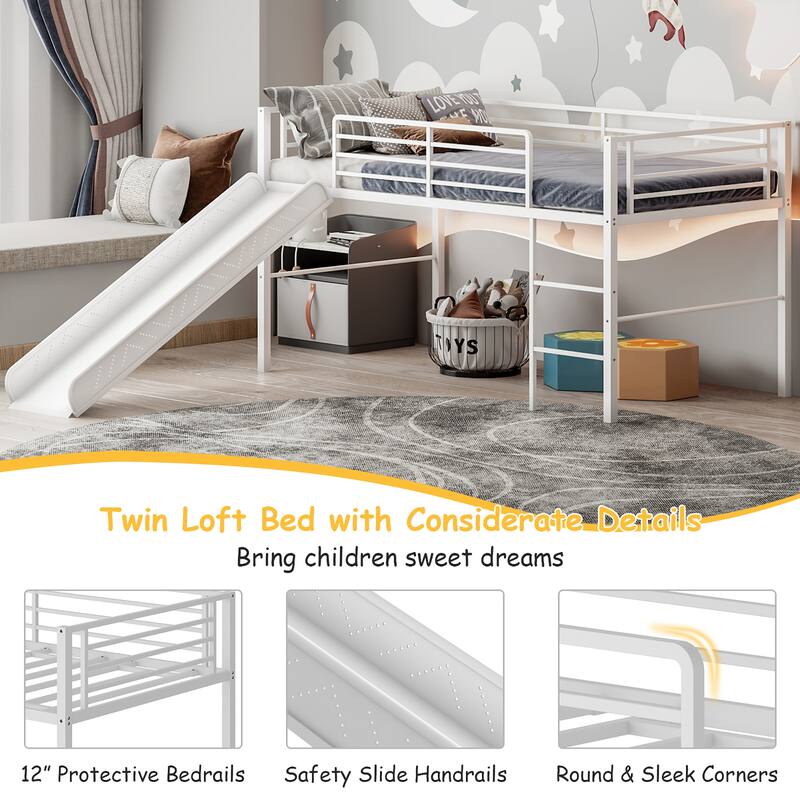 Gymax Twin Metal Loft Bed with Slide Guardrails Built-in Ladder Low