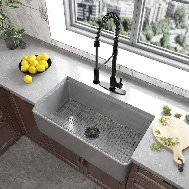 CASAINC Farmhouse/Apron-Front Single Bowl Fireclay Kitchen Sink with Bottom Grid and Strainer, cUPC Certified - 33 x 18 - Matte Gray