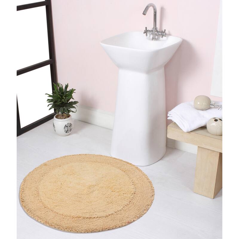 Double Ruffle Cotton Bathroom Rug, Water Absorbent Bath Rug, Non Slip Shower Rug Machine Washable 28" Round - Yellow