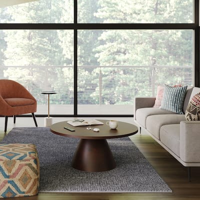WYNDENHALL Millsap Modern 30 inch Wide Metal Round Coffee Table in Walnut, Fully Assembled - 30" x 30" x 16.2"