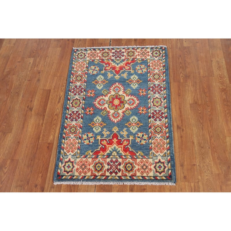 Blue Geometric Kazak Oriental Foyer Rug Handmade Wool Carpet - 2'0" x 3'0"