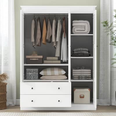 3 Shutter Doors Wardrobe Armoire Closet with 2 Drawers & Hanging Rod