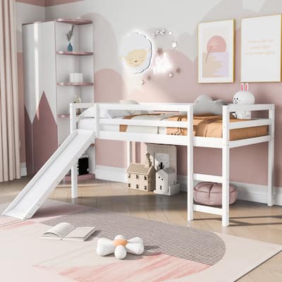 White Twin Size Solid Wood Loft Bed with Slide