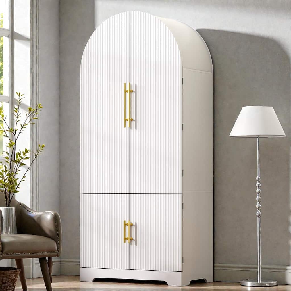 72" Tall Arched Pantry Cabinet with Fluted Doors, 8 Door Shelves, Hidden Drawer and Adjustable Shelves for Kitchen