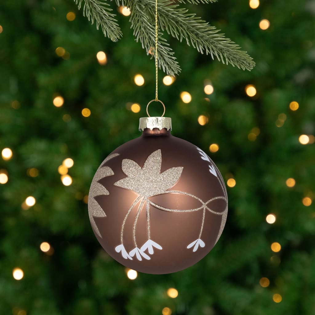4ct Brown Gold 2-Finish Floral Glass Christmas Ball Ornaments 3.25"