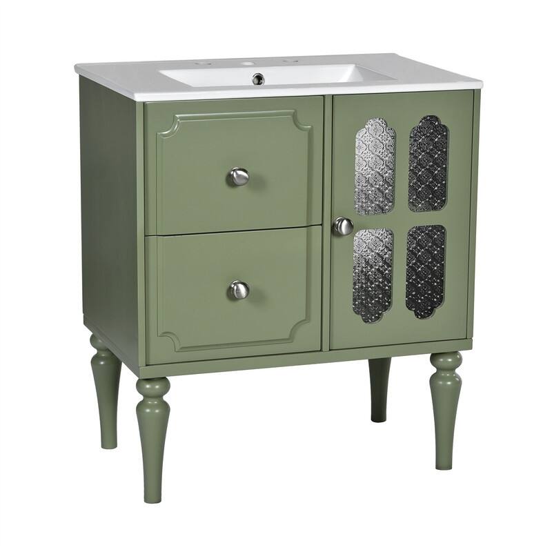 Solid Wood Frame Retro Style Bathroom Vanity with 30'' Ceramic Sink Combo, Freestanding Vanity Storage Cabinet with Glass Door