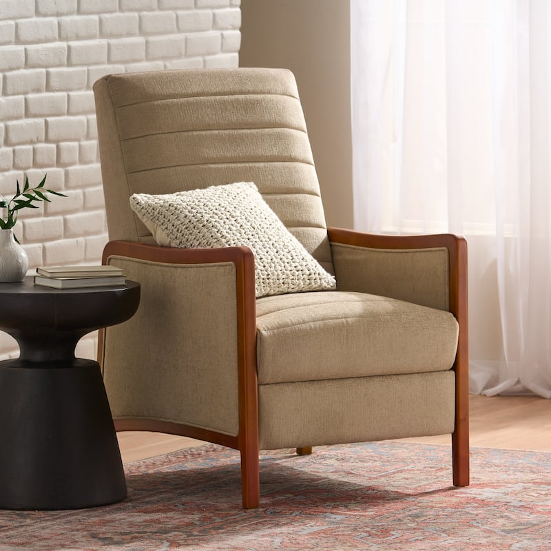 Roomfitters Mid Century Modern Fabric Channel Stitch Wood Pushback Recliner, Elegant Recliner for Living Room