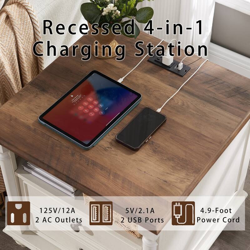 Farmhouse Nightstand Set of 2 with Solid Wood Feet, Charging Station