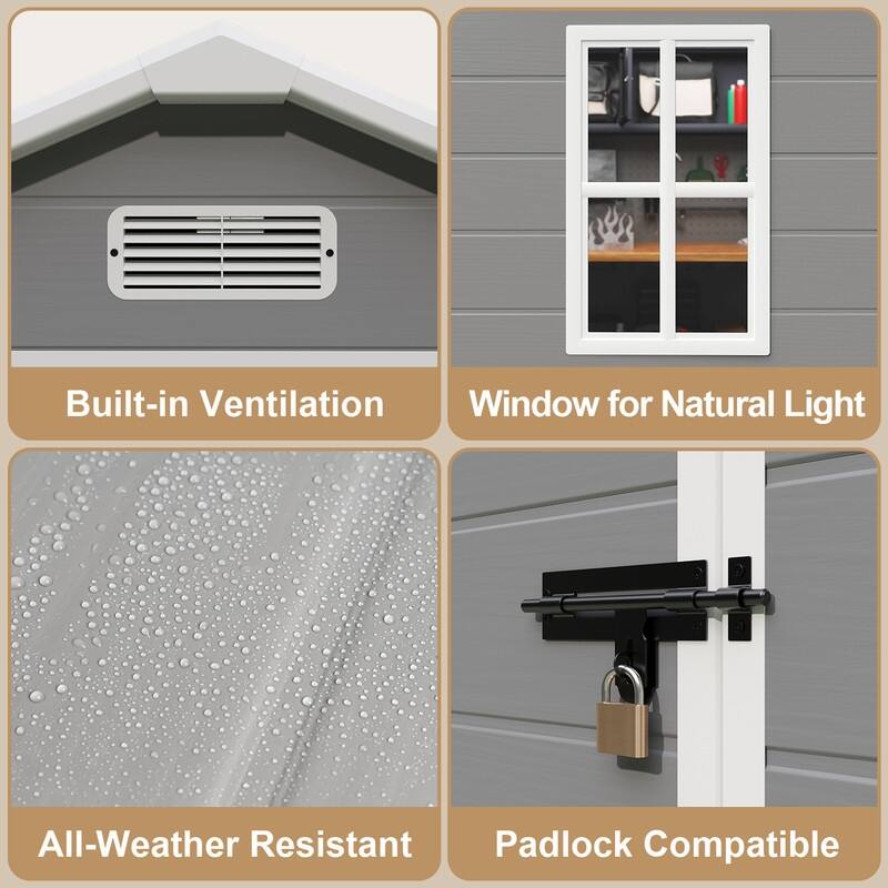 Durable Resin Outdoor Storage Shed with Floor, with Windows and Lockable Double Doors