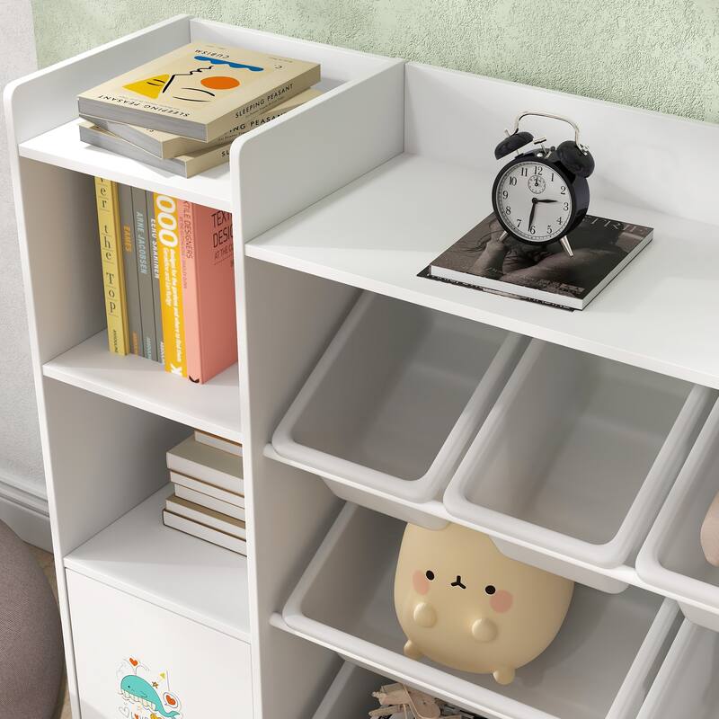 White Children’s Storage Organizer with Shelves and Toy Bins Cupboard and Round Corner for Kids - 55.1" L x 11.8" W x 35.4" H