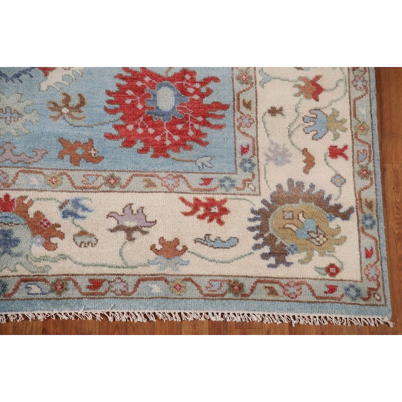 Light Blue Floral Oushak Area Rug Hand-Knotted Wool Carpet - 8'0"x 9'8"
