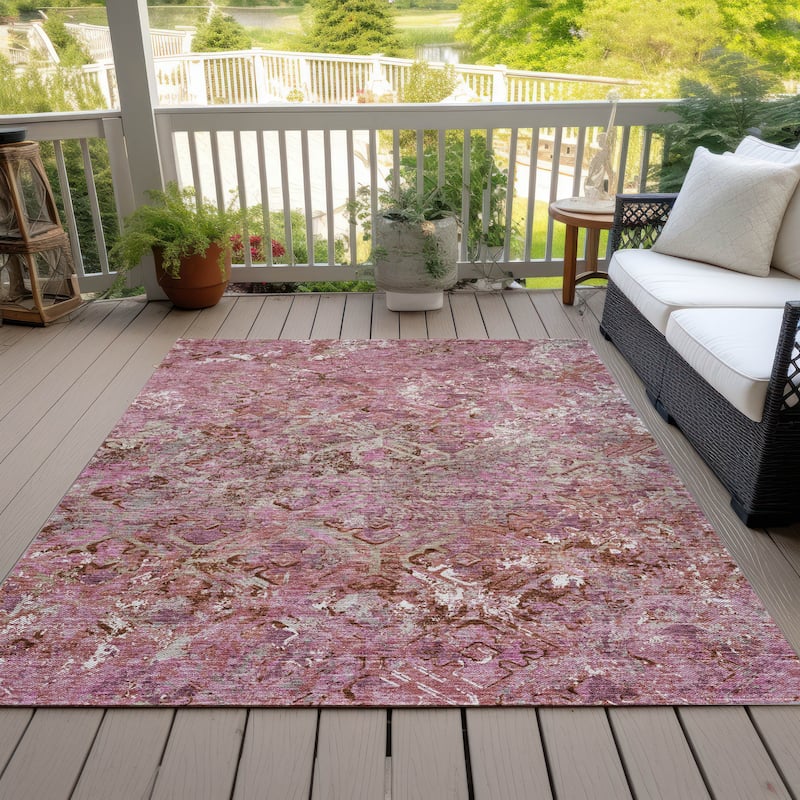 Machine Washable Indoor/ Outdoor Chantille Distressed Diamonds Rug - Pink - 9' x 12'