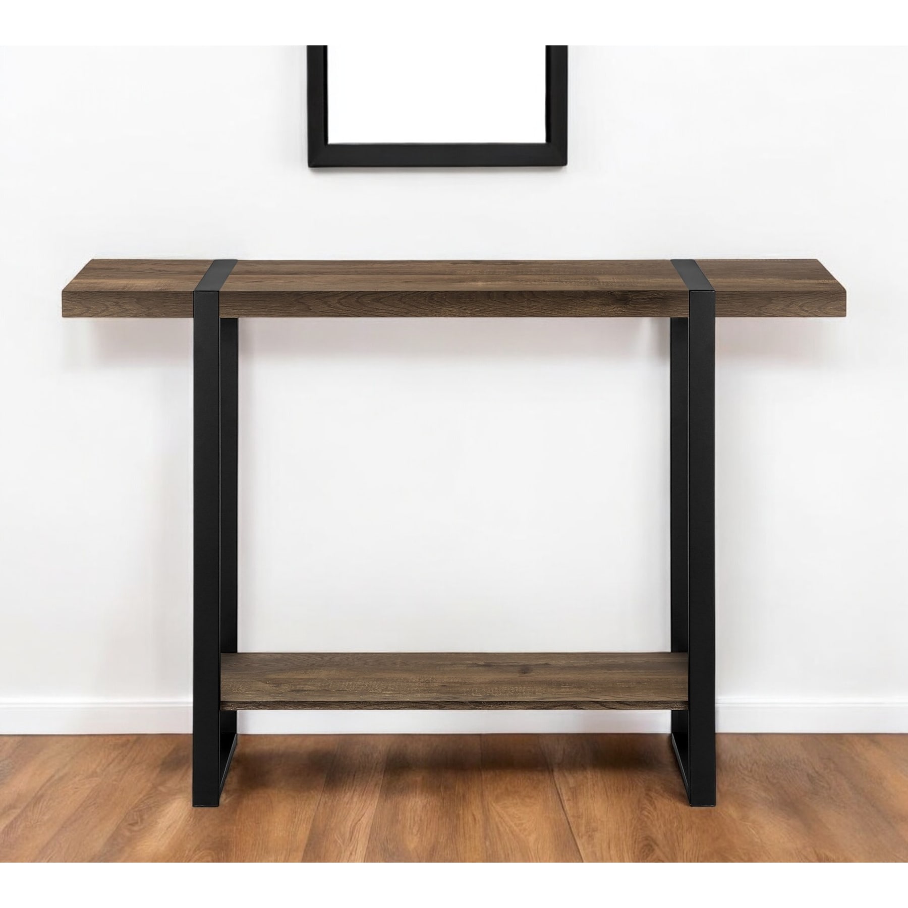 HomeRoots 47" Brown and Black Wood and Metal Distressed Sled Console Table With Shelf - 47.25' X '32' X '12