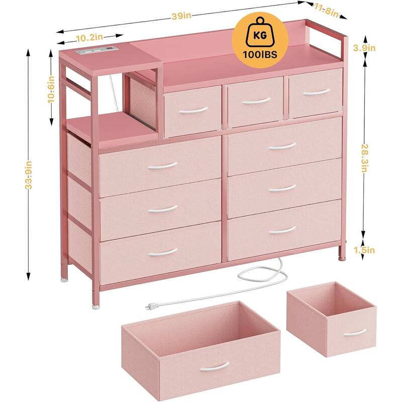 TV Stand with Power Outlet, Bedroom Dresser with 9 Drawers,