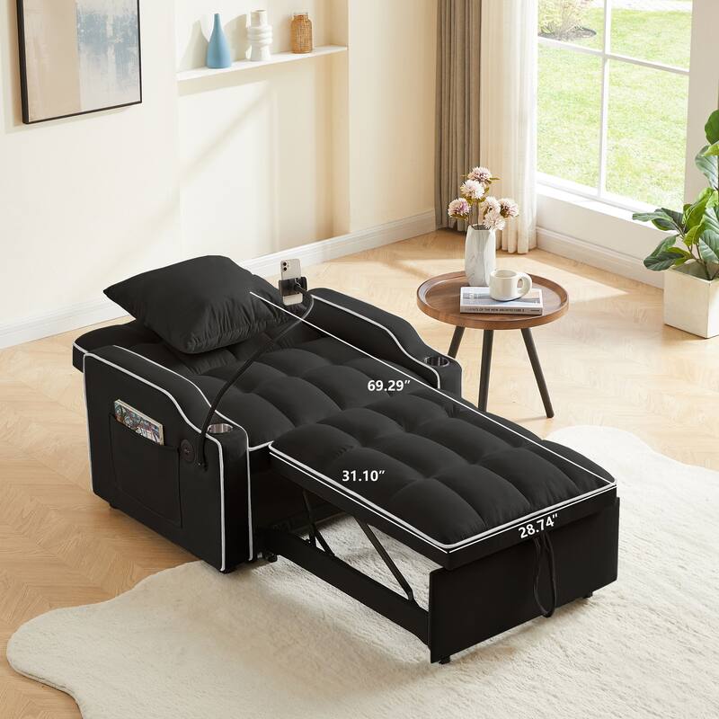 Convertible Pull-Out Chair Bed with USB Ports, Adjustable Backrest & Cup Holder