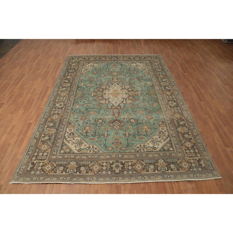 Hand Knotted Oriental 100% Wool Carpet Traditional Medallion Green Tabriz Area Rug - 11' 1'' X 7' 10''