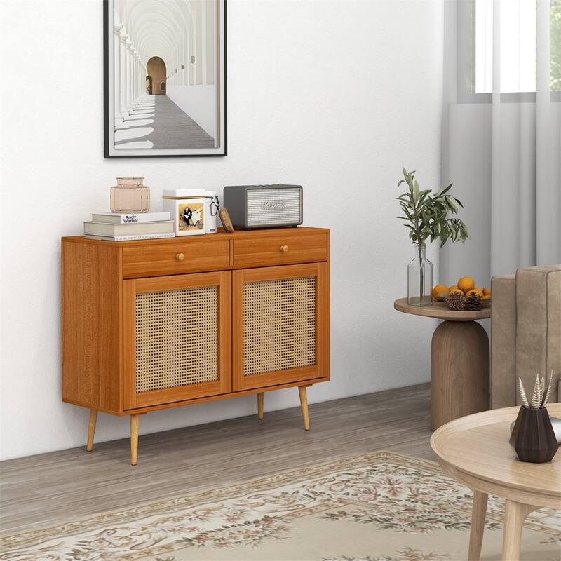Storage Cabinet with 2 Drawers, Rattan Doors and Wooden Legs