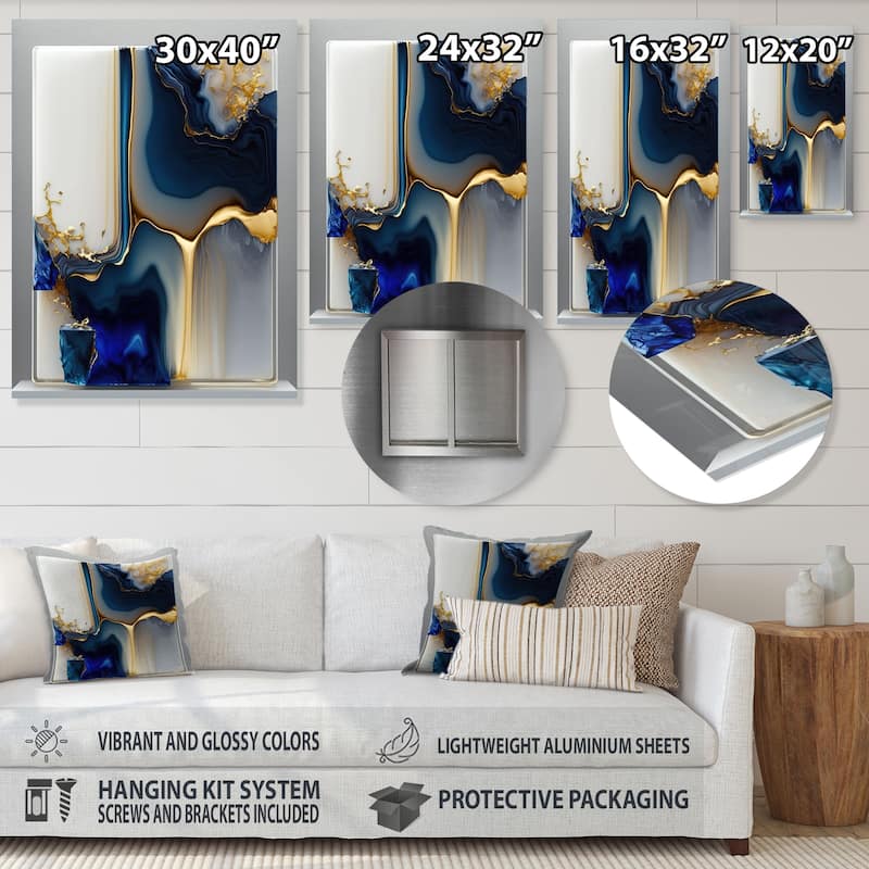 Designart 'Abstract Geode Gold And Blue Marble Shape I' Modern Geometric Metal Wall Art