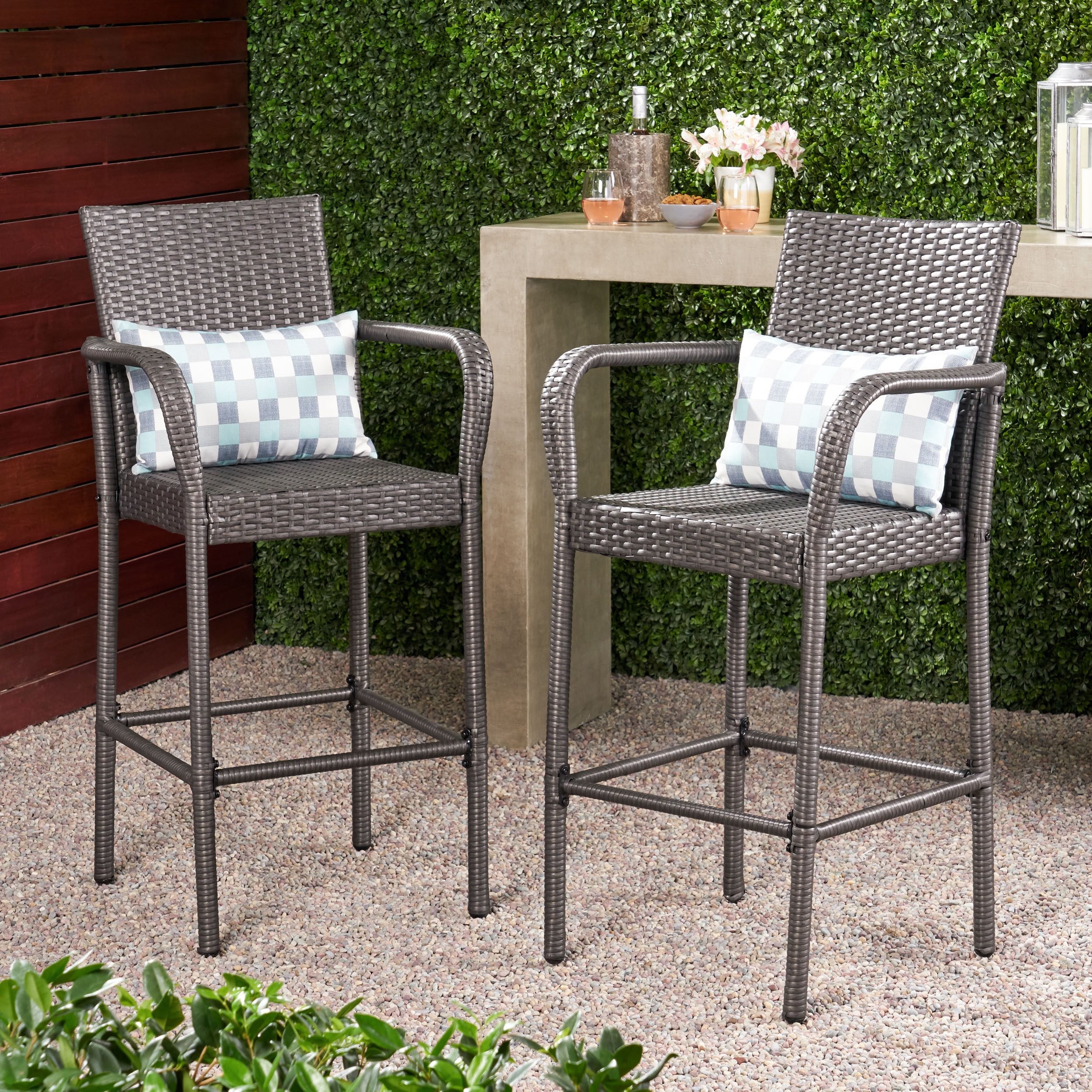 Delfina Outdoor Grey Wicker Barstools Set of 2 by Christopher Knight Home 24.80