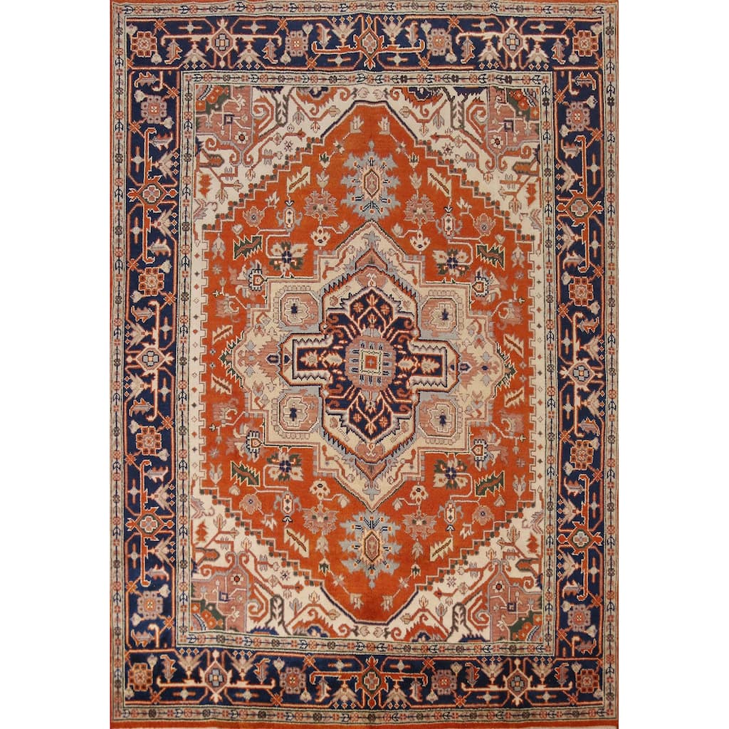 Medallion Heriz Serapi Indian Area Rug Handmade Orange Wool Carpet - 7'10" x 9'9"