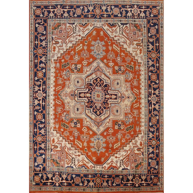 Medallion Heriz Serapi Indian Area Rug Handmade Orange Wool Carpet - 7'10" x 9'9"