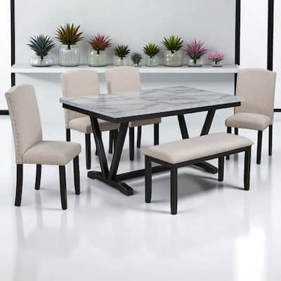 Modern 6-Piece Dining Table Set with Marble Veneer, 4 Upholstered Chairs & Bench, V-Shaped Table Legs for Dining Room & Kitchen