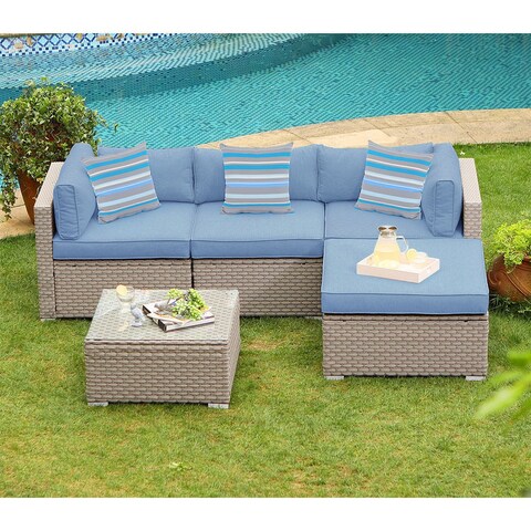 COSIEST 5-Piece Outdoor Furniture Set Wicker Sectional Sofa With Cushions and Table