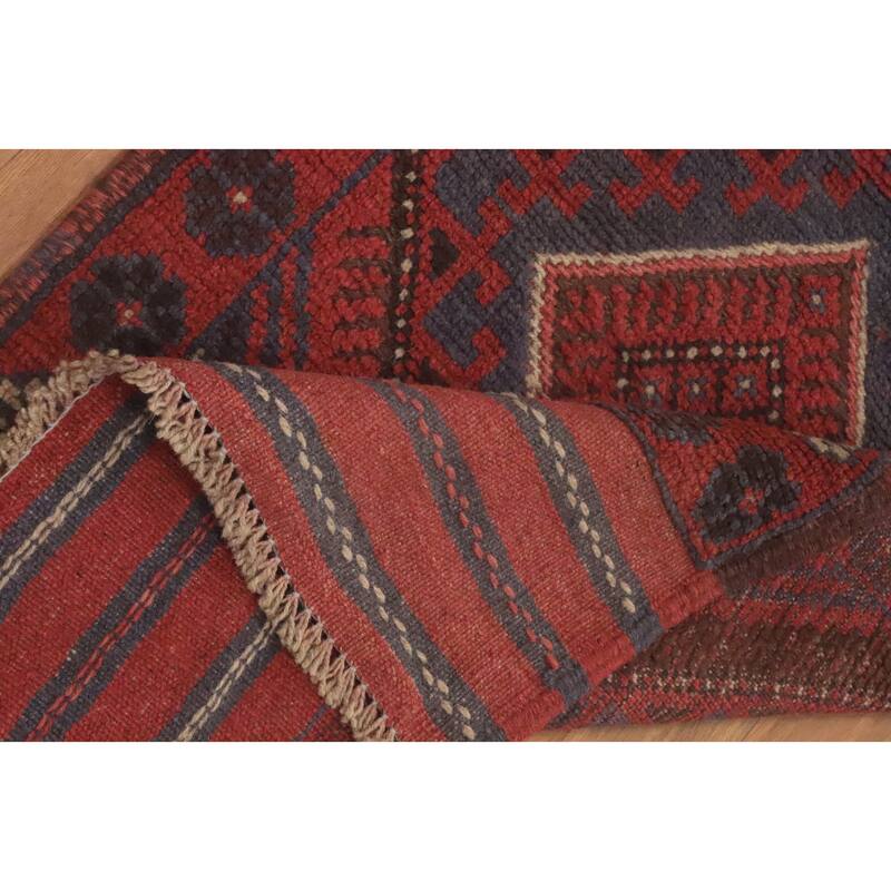 Hand Knotted Oriental 100% Wool Carpet Traditional Tribal Red Balouch Runner Rug - 8' 1'' X 2' 0''