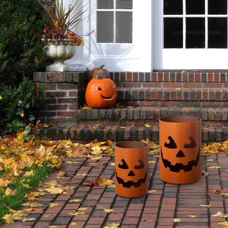 Glitzhome Set of 2 Halloween Metal Jack-O-Lantern Bucket Candle Holder Porch Decor