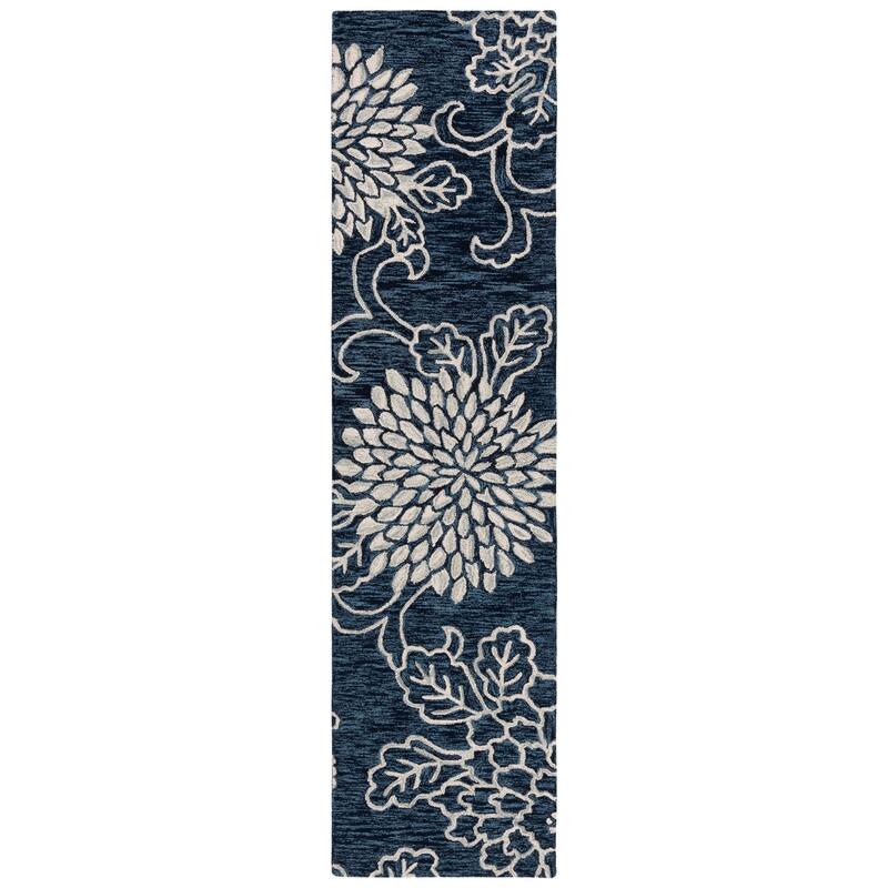 SAFAVIEH Handmade Jardin Ketevan Floral Wool Rug - 2'3" x 9' Runner - Navy/Ivory