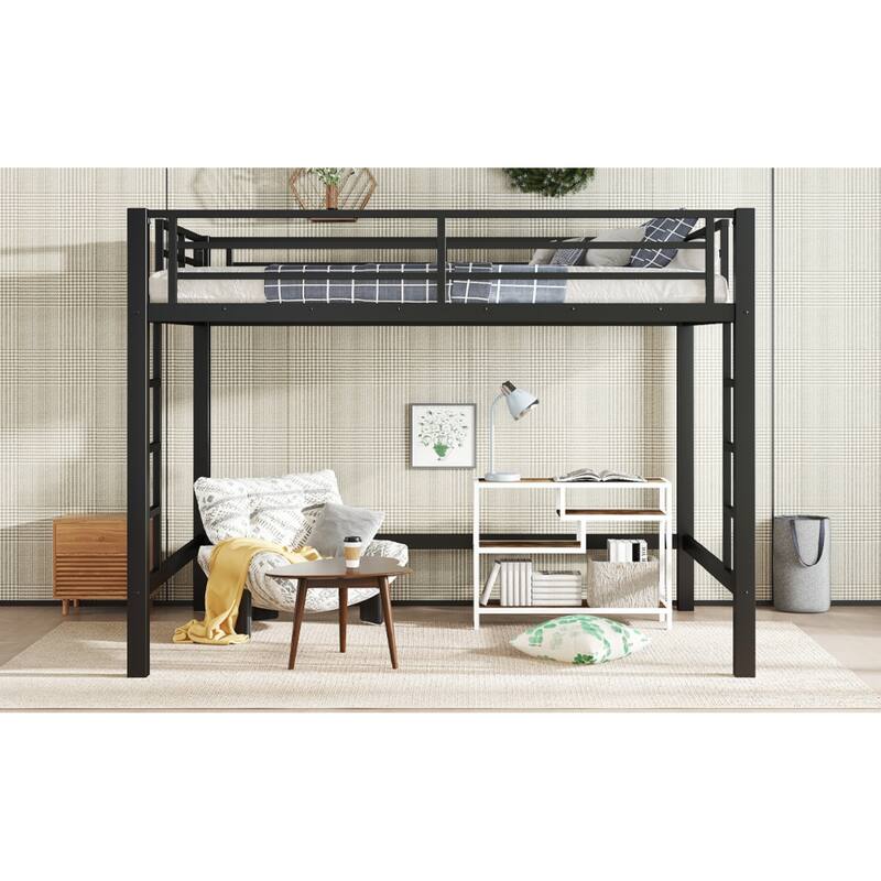 Roomfitters Queen Metal Loft Bed with Dual Ladders, High Sleeper Frame with Under-Bed Space, Black