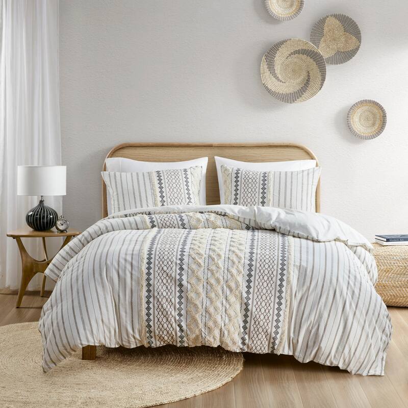 INK+IVY Imani Cotton Printed Comforter Set with Chenille - Ivory - King - Cal King
