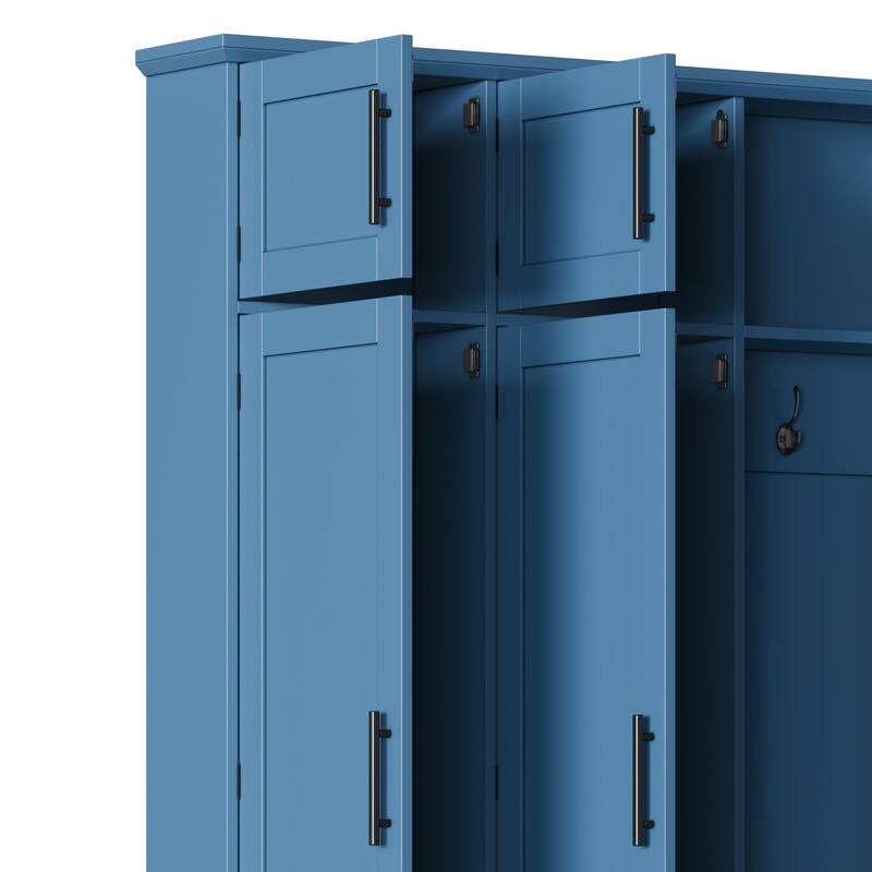 Farmhouse Hall Tree Bench with 4 Hidden Hooks & 8 Door Shoe Storage Cabinet, Walnut Entryway Seating