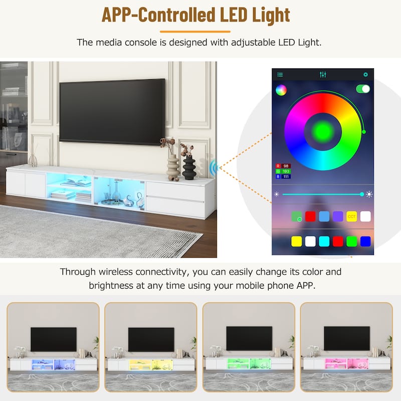 LED TV Stand for TVs Up to 105'', Faux Marble Tabletop TV Console with Glass Doors, Media Center with 2 Drawers & Cabinets