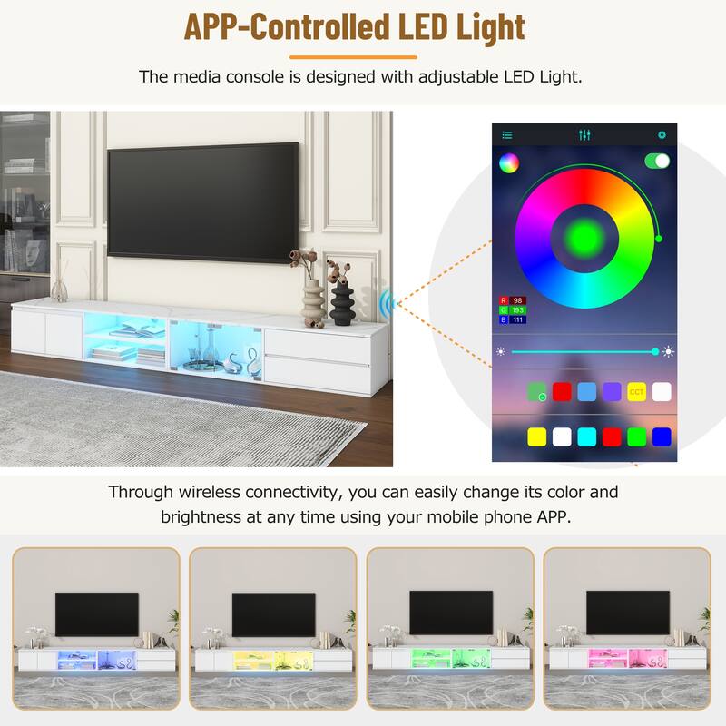Modern APP Controlled LED TV Stand for TVs up to 105" with Faux Marble Top, Tempered Glass Doors, 2 Drawers & Cabinets, White