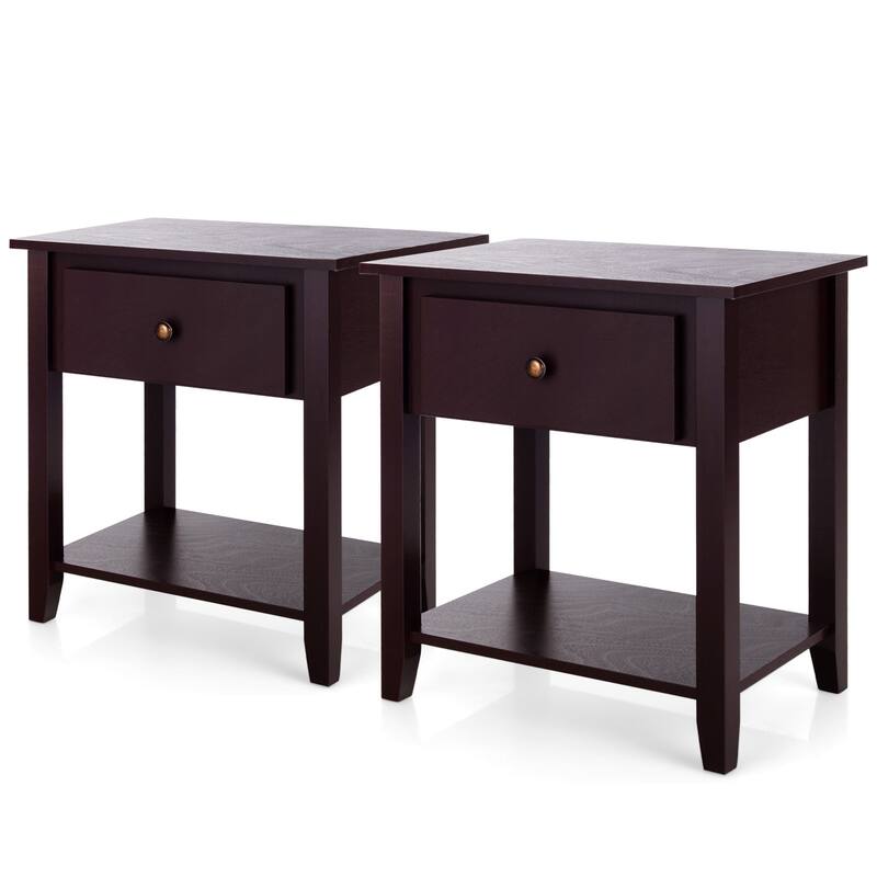 Costway 2 PCS Nightstand End Table Storage Display Furniture Drawer - Brow - 2-drawer