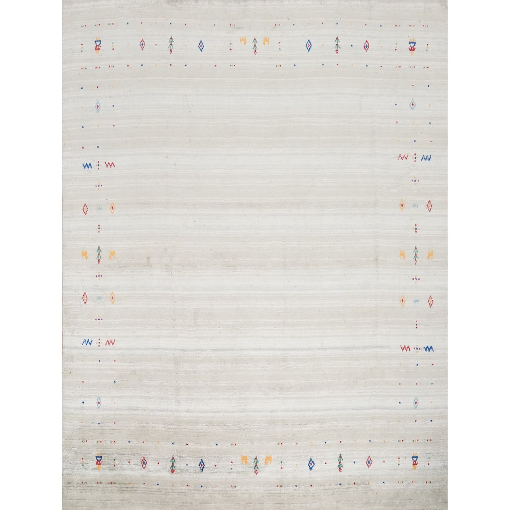 Hand Knotted Oriental Viscose Silk Carpet Tribal Animal Pictorial Beige & Ivories Gabbeh Area Rug - 8' 0'' X 7' 11''