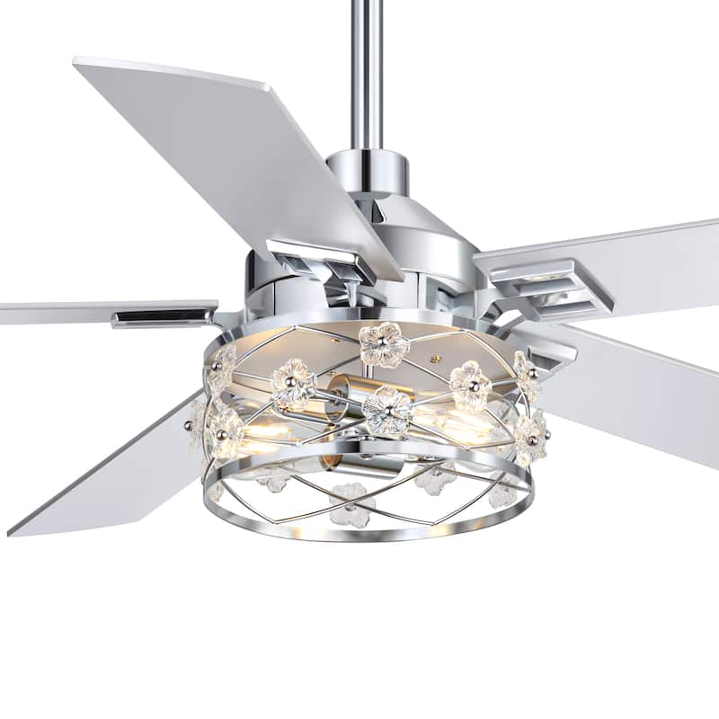 52" Reversible 5-Blade Farmhouse Glam Floral Glass Caged Ceiling Fan with Light and Remote