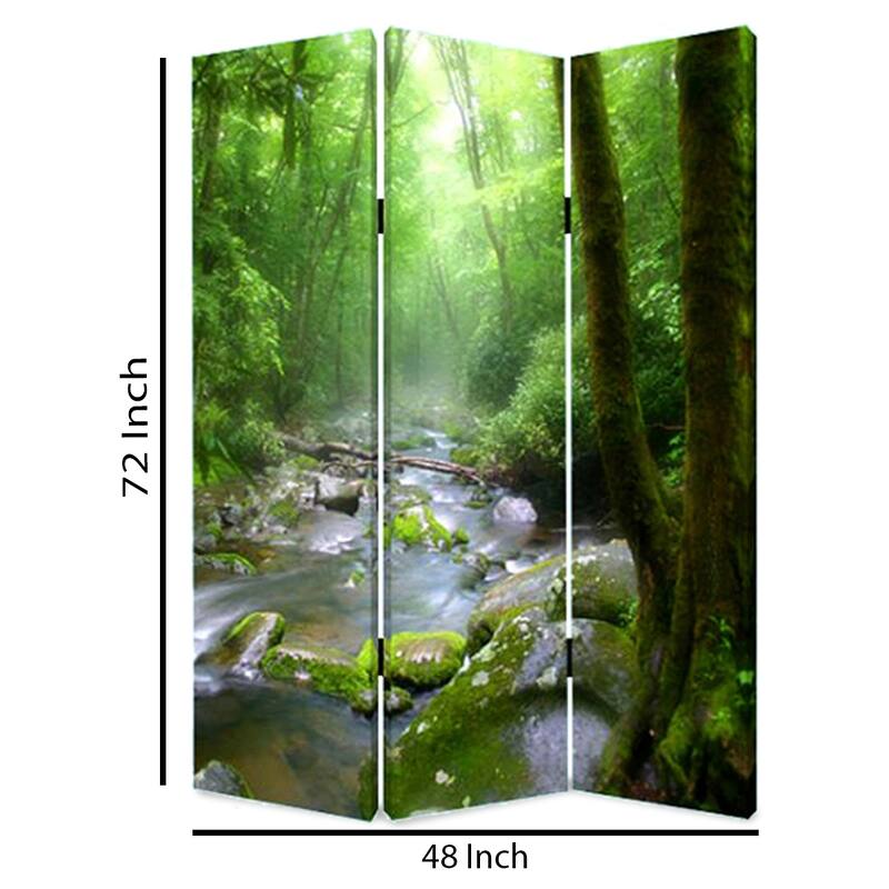 3 Panel Foldable Canvas Screen with Rainforest Print, Green - 6 x 12