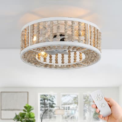 20" Flush Mount Caged Ceiling Fan with Light and Remote, Distressed White Metal 3-Speed Reversible Dc Motor