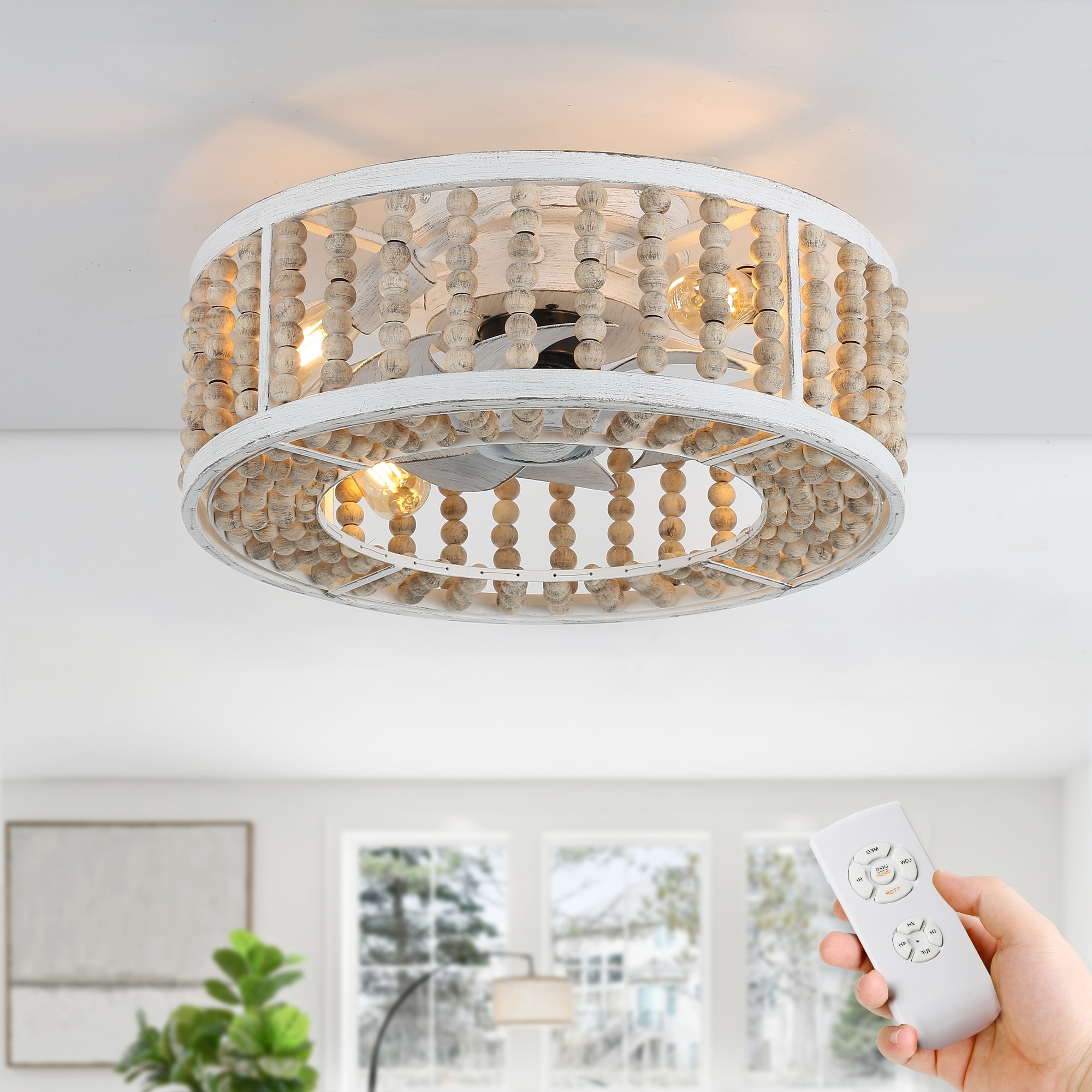 20" Flush Mount Caged Ceiling Fan with Light and Remote, Low Profile Distressed White Metal 3-Speed Reversible DC Motor Fan