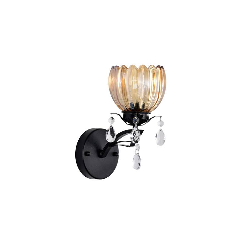 Aubrie Black Finish Wall Sconce with Crystal Flower Shade and Teardrop Pendants